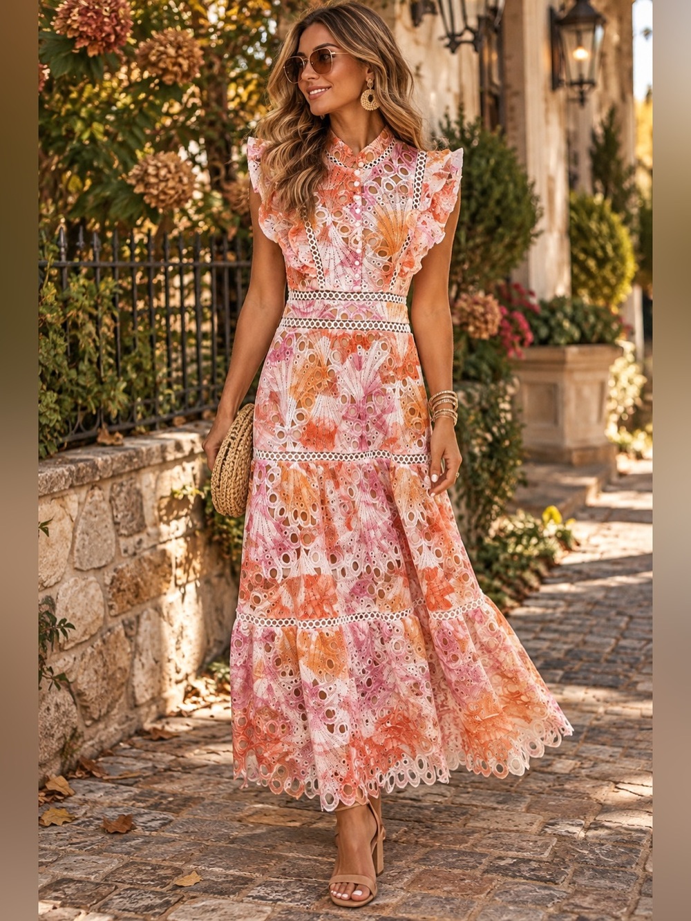 Dalia MacPhee M Eyelet Lace Maxi Dress Ruffle Sleeve Boho Floral